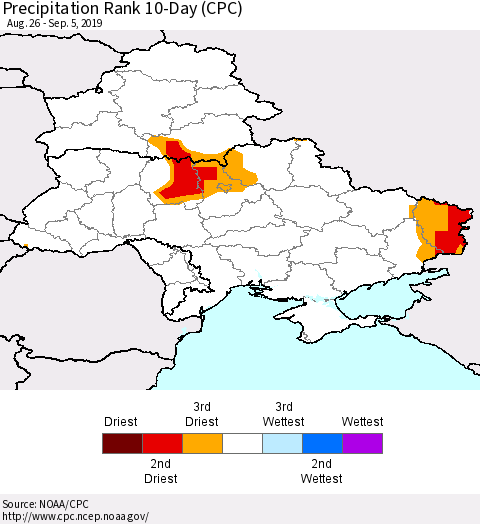 Ukraine, Moldova and Belarus Precipitation Rank 10-Day (CPC) Thematic Map For 8/26/2019 - 9/5/2019