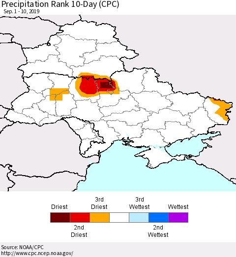 Ukraine, Moldova and Belarus Precipitation Rank 10-Day (CPC) Thematic Map For 9/1/2019 - 9/10/2019