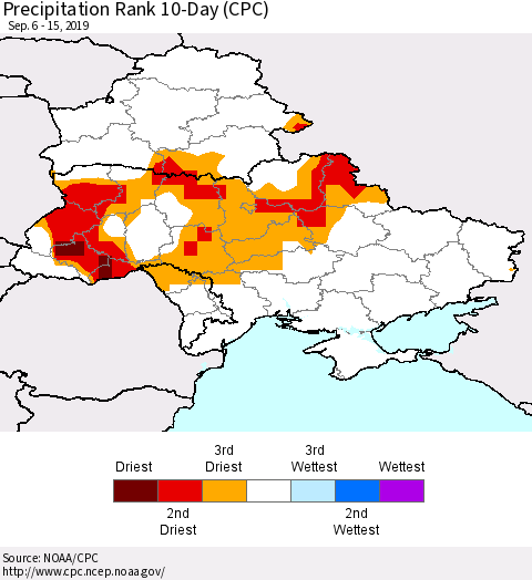 Ukraine, Moldova and Belarus Precipitation Rank 10-Day (CPC) Thematic Map For 9/6/2019 - 9/15/2019