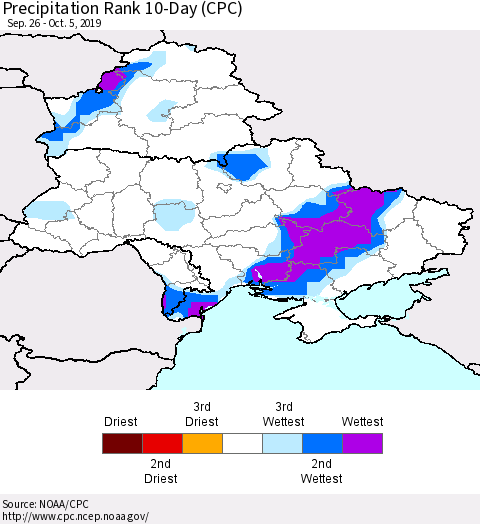 Ukraine, Moldova and Belarus Precipitation Rank 10-Day (CPC) Thematic Map For 9/26/2019 - 10/5/2019