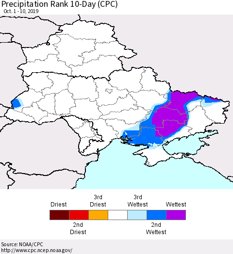Ukraine, Moldova and Belarus Precipitation Rank 10-Day (CPC) Thematic Map For 10/1/2019 - 10/10/2019