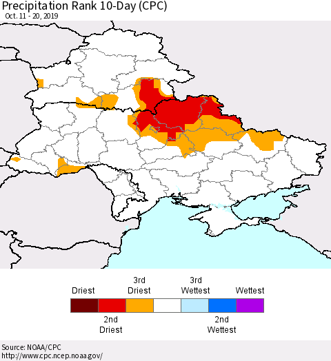 Ukraine, Moldova and Belarus Precipitation Rank 10-Day (CPC) Thematic Map For 10/11/2019 - 10/20/2019