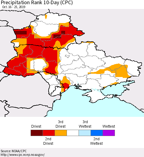 Ukraine, Moldova and Belarus Precipitation Rank 10-Day (CPC) Thematic Map For 10/16/2019 - 10/25/2019