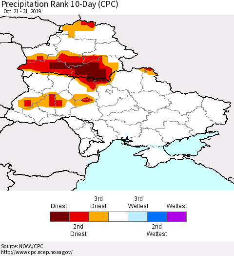 Ukraine, Moldova and Belarus Precipitation Rank 10-Day (CPC) Thematic Map For 10/21/2019 - 10/31/2019