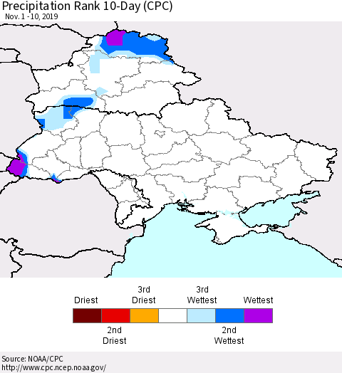 Ukraine, Moldova and Belarus Precipitation Rank 10-Day (CPC) Thematic Map For 11/1/2019 - 11/10/2019