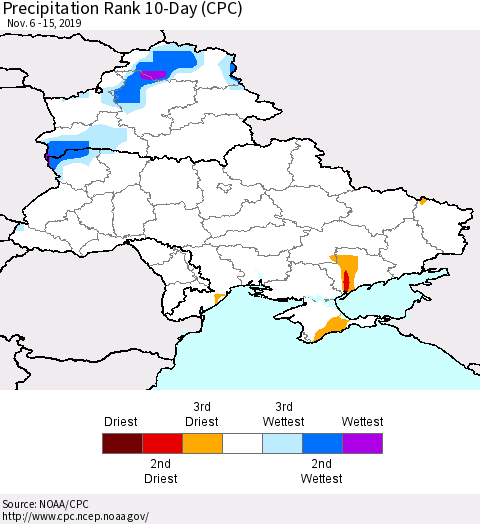 Ukraine, Moldova and Belarus Precipitation Rank since 1981, 10-Day (CPC) Thematic Map For 11/6/2019 - 11/15/2019
