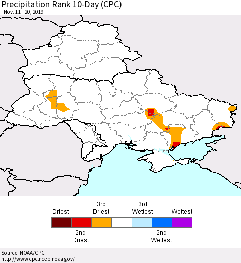 Ukraine, Moldova and Belarus Precipitation Rank 10-Day (CPC) Thematic Map For 11/11/2019 - 11/20/2019