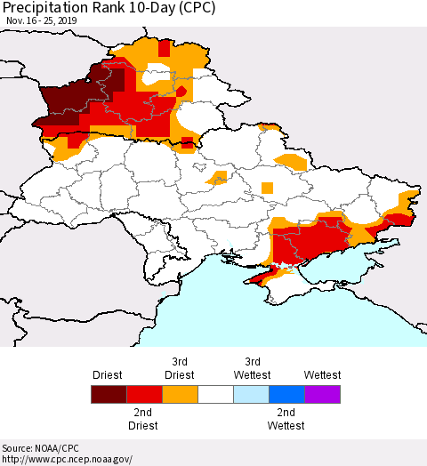 Ukraine, Moldova and Belarus Precipitation Rank 10-Day (CPC) Thematic Map For 11/16/2019 - 11/25/2019