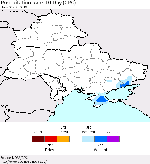 Ukraine, Moldova and Belarus Precipitation Rank 10-Day (CPC) Thematic Map For 11/21/2019 - 11/30/2019