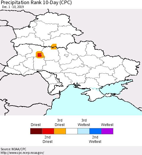 Ukraine, Moldova and Belarus Precipitation Rank since 1981, 10-Day (CPC) Thematic Map For 12/1/2019 - 12/10/2019