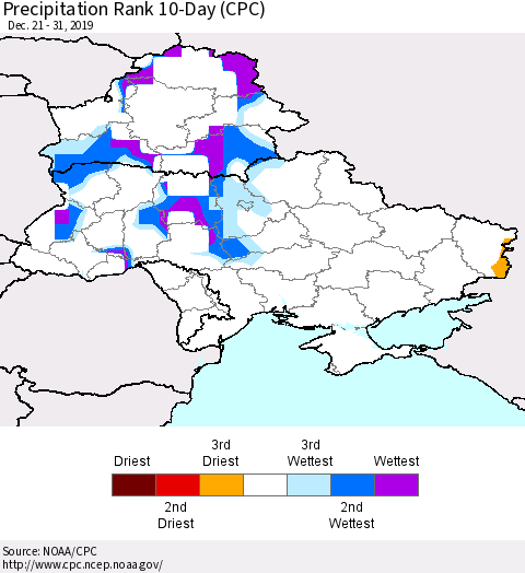 Ukraine, Moldova and Belarus Precipitation Rank 10-Day (CPC) Thematic Map For 12/21/2019 - 12/31/2019