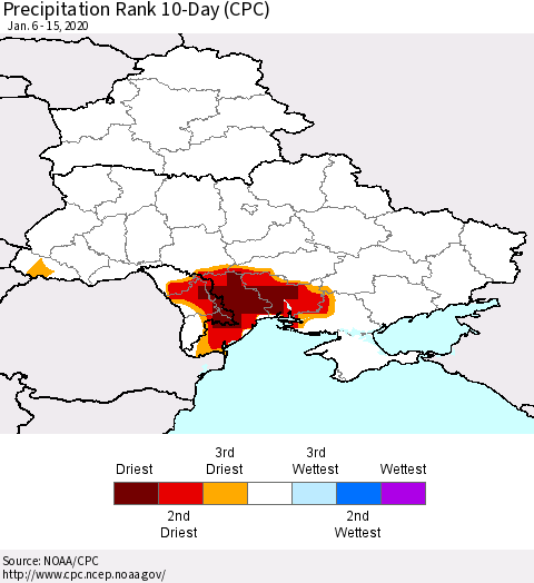 Ukraine, Moldova and Belarus Precipitation Rank 10-Day (CPC) Thematic Map For 1/6/2020 - 1/15/2020