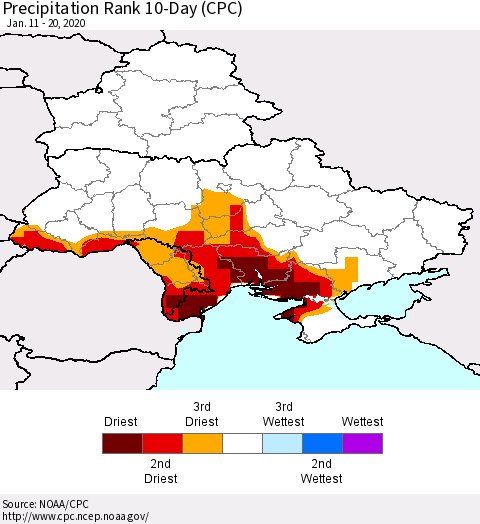 Ukraine, Moldova and Belarus Precipitation Rank since 1981, 10-Day (CPC) Thematic Map For 1/11/2020 - 1/20/2020