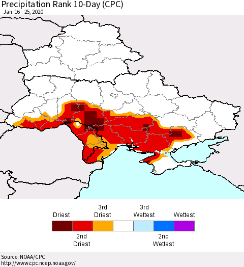 Ukraine, Moldova and Belarus Precipitation Rank 10-Day (CPC) Thematic Map For 1/16/2020 - 1/25/2020