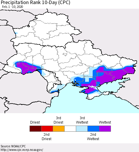 Ukraine, Moldova and Belarus Precipitation Rank 10-Day (CPC) Thematic Map For 2/1/2020 - 2/10/2020