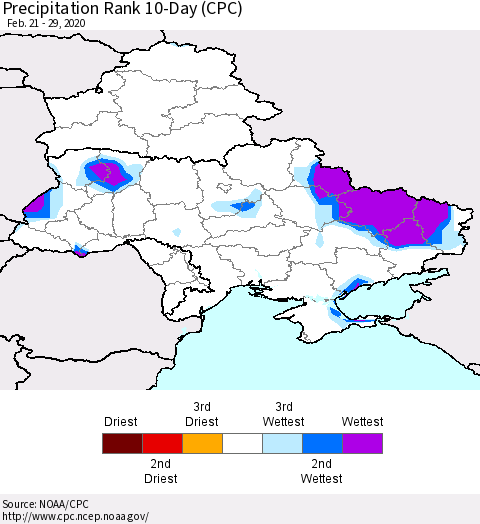 Ukraine, Moldova and Belarus Precipitation Rank since 1981, 10-Day (CPC) Thematic Map For 2/21/2020 - 2/29/2020