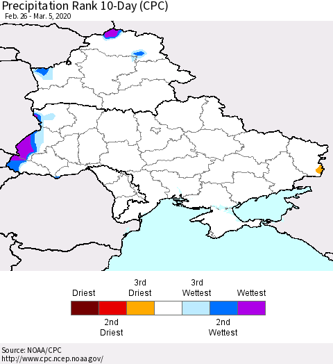 Ukraine, Moldova and Belarus Precipitation Rank since 1981, 10-Day (CPC) Thematic Map For 2/26/2020 - 3/5/2020