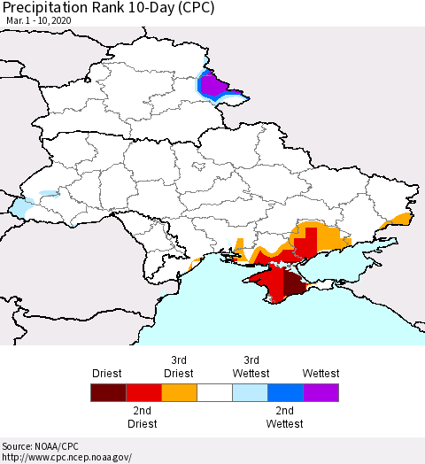 Ukraine, Moldova and Belarus Precipitation Rank 10-Day (CPC) Thematic Map For 3/1/2020 - 3/10/2020