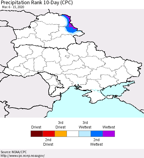 Ukraine, Moldova and Belarus Precipitation Rank 10-Day (CPC) Thematic Map For 3/6/2020 - 3/15/2020