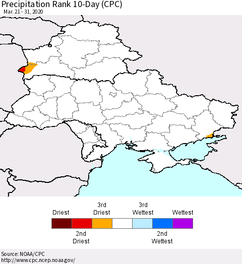 Ukraine, Moldova and Belarus Precipitation Rank since 1981, 10-Day (CPC) Thematic Map For 3/21/2020 - 3/31/2020