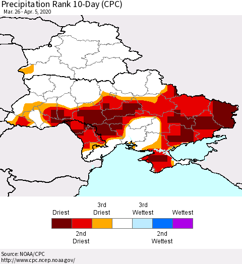 Ukraine, Moldova and Belarus Precipitation Rank 10-Day (CPC) Thematic Map For 3/26/2020 - 4/5/2020