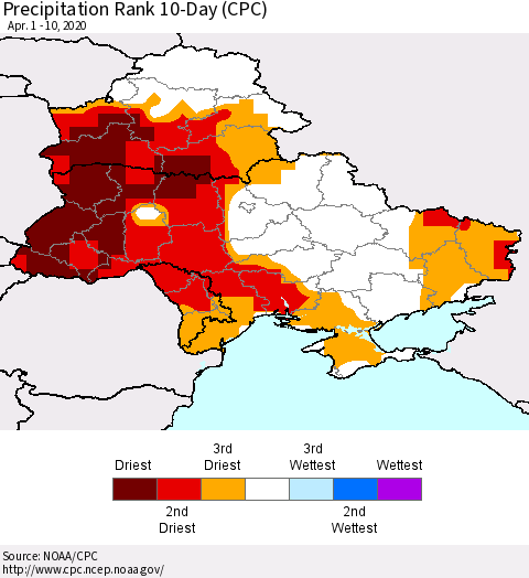 Ukraine, Moldova and Belarus Precipitation Rank since 1981, 10-Day (CPC) Thematic Map For 4/1/2020 - 4/10/2020