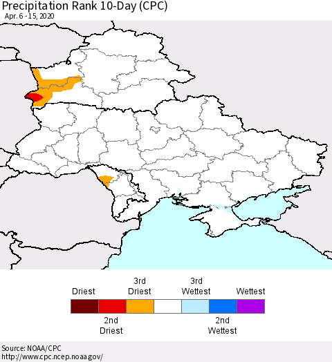 Ukraine, Moldova and Belarus Precipitation Rank 10-Day (CPC) Thematic Map For 4/6/2020 - 4/15/2020