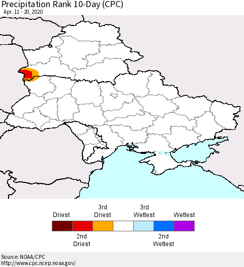Ukraine, Moldova and Belarus Precipitation Rank 10-Day (CPC) Thematic Map For 4/11/2020 - 4/20/2020