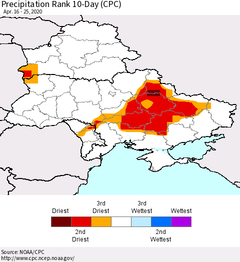 Ukraine, Moldova and Belarus Precipitation Rank 10-Day (CPC) Thematic Map For 4/16/2020 - 4/25/2020