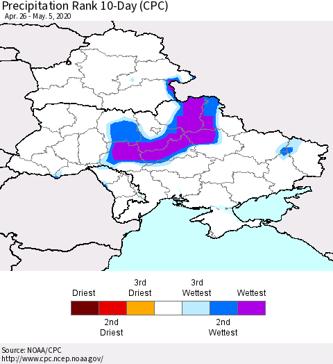 Ukraine, Moldova and Belarus Precipitation Rank since 1981, 10-Day (CPC) Thematic Map For 4/26/2020 - 5/5/2020