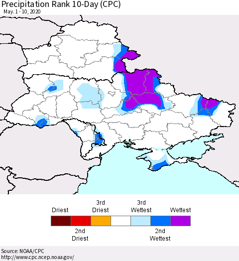 Ukraine, Moldova and Belarus Precipitation Rank 10-Day (CPC) Thematic Map For 5/1/2020 - 5/10/2020