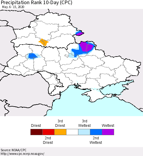 Ukraine, Moldova and Belarus Precipitation Rank 10-Day (CPC) Thematic Map For 5/6/2020 - 5/15/2020