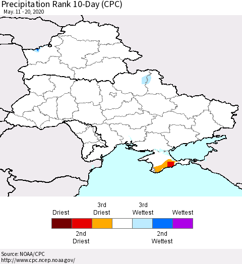 Ukraine, Moldova and Belarus Precipitation Rank since 1981, 10-Day (CPC) Thematic Map For 5/11/2020 - 5/20/2020