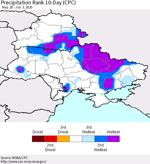 Ukraine, Moldova and Belarus Precipitation Rank since 1981, 10-Day (CPC) Thematic Map For 5/26/2020 - 6/5/2020