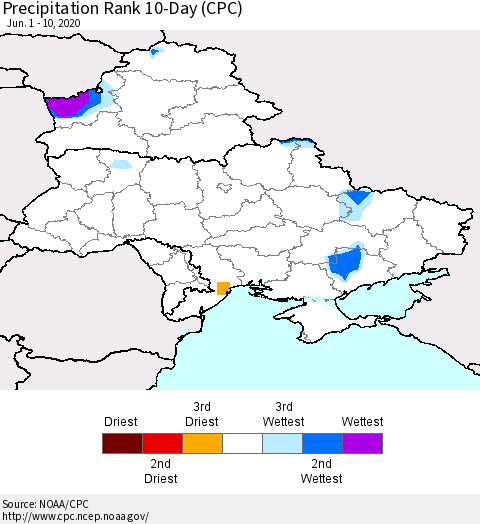 Ukraine, Moldova and Belarus Precipitation Rank 10-Day (CPC) Thematic Map For 6/1/2020 - 6/10/2020