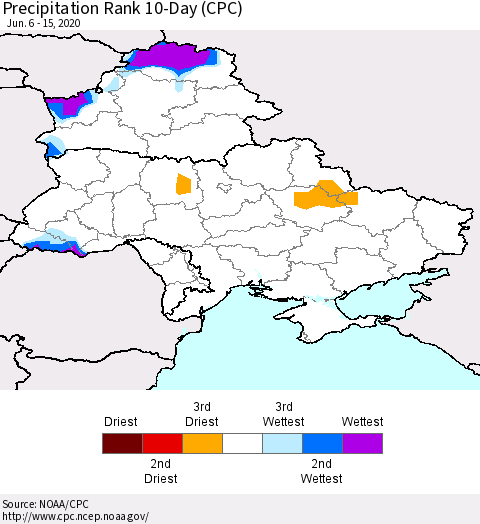 Ukraine, Moldova and Belarus Precipitation Rank 10-Day (CPC) Thematic Map For 6/6/2020 - 6/15/2020