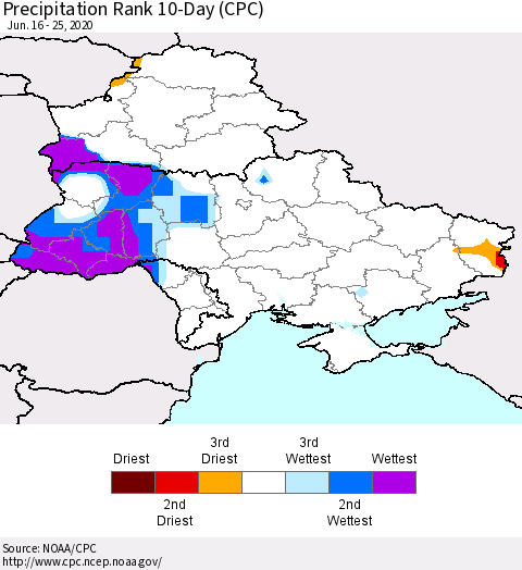 Ukraine, Moldova and Belarus Precipitation Rank 10-Day (CPC) Thematic Map For 6/16/2020 - 6/25/2020