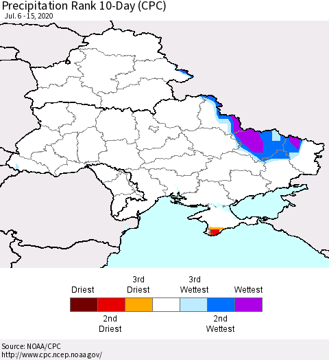Ukraine, Moldova and Belarus Precipitation Rank 10-Day (CPC) Thematic Map For 7/6/2020 - 7/15/2020