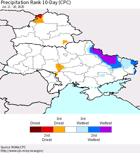 Ukraine, Moldova and Belarus Precipitation Rank 10-Day (CPC) Thematic Map For 7/11/2020 - 7/20/2020