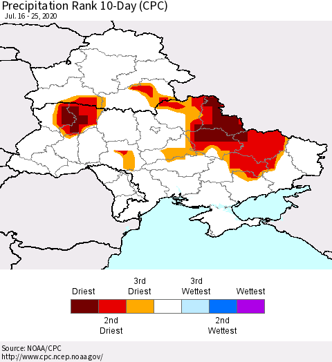 Ukraine, Moldova and Belarus Precipitation Rank 10-Day (CPC) Thematic Map For 7/16/2020 - 7/25/2020