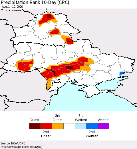 Ukraine, Moldova and Belarus Precipitation Rank 10-Day (CPC) Thematic Map For 8/1/2020 - 8/10/2020