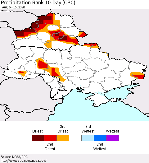 Ukraine, Moldova and Belarus Precipitation Rank 10-Day (CPC) Thematic Map For 8/6/2020 - 8/15/2020