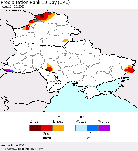 Ukraine, Moldova and Belarus Precipitation Rank since 1981, 10-Day (CPC) Thematic Map For 8/11/2020 - 8/20/2020