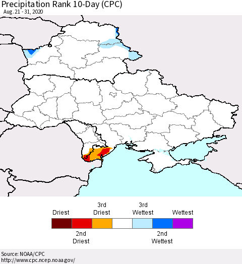 Ukraine, Moldova and Belarus Precipitation Rank 10-Day (CPC) Thematic Map For 8/21/2020 - 8/31/2020