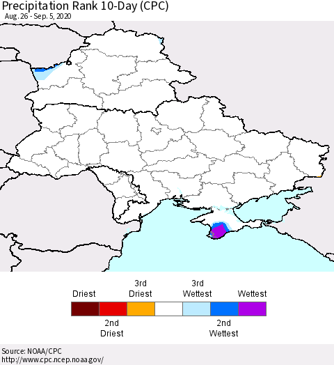 Ukraine, Moldova and Belarus Precipitation Rank 10-Day (CPC) Thematic Map For 8/26/2020 - 9/5/2020