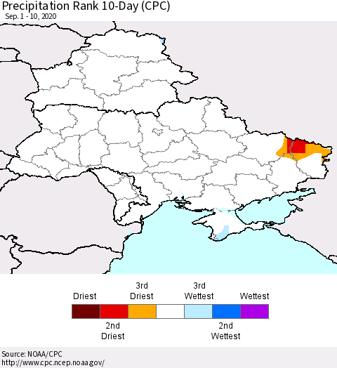 Ukraine, Moldova and Belarus Precipitation Rank since 1981, 10-Day (CPC) Thematic Map For 9/1/2020 - 9/10/2020
