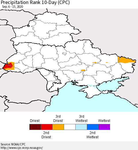 Ukraine, Moldova and Belarus Precipitation Rank since 1981, 10-Day (CPC) Thematic Map For 9/6/2020 - 9/15/2020