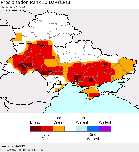 Ukraine, Moldova and Belarus Precipitation Rank 10-Day (CPC) Thematic Map For 9/16/2020 - 9/25/2020