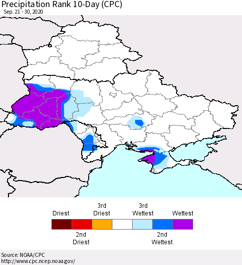 Ukraine, Moldova and Belarus Precipitation Rank 10-Day (CPC) Thematic Map For 9/21/2020 - 9/30/2020