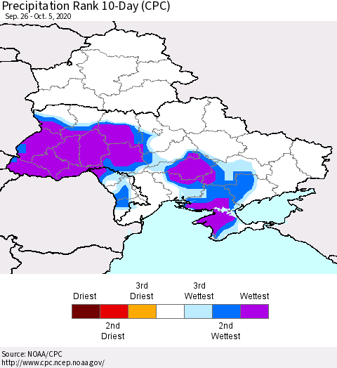 Ukraine, Moldova and Belarus Precipitation Rank since 1981, 10-Day (CPC) Thematic Map For 9/26/2020 - 10/5/2020